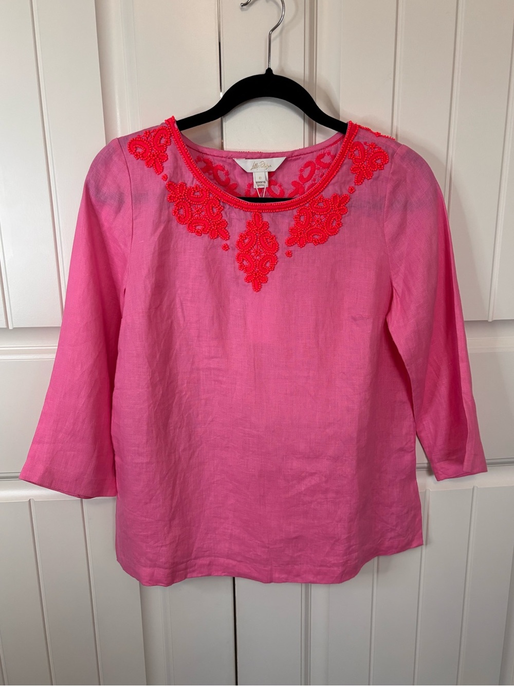 Lilly Pulitzer Elyn Beaded 3/4 Sleeve Linen Tunic Pink NWT Size 0